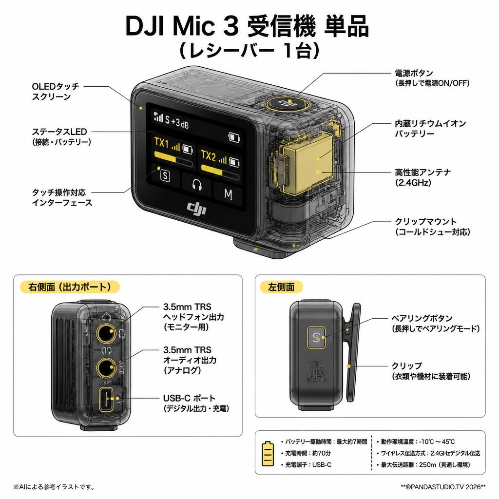DJI Mic 3 受信機 単品（レシーバー 1台） スペック