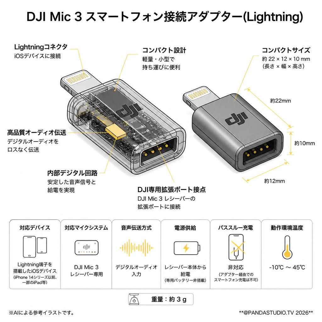 DJI Mic 3 スマートフォン接続アダプター(Lightning) スペック