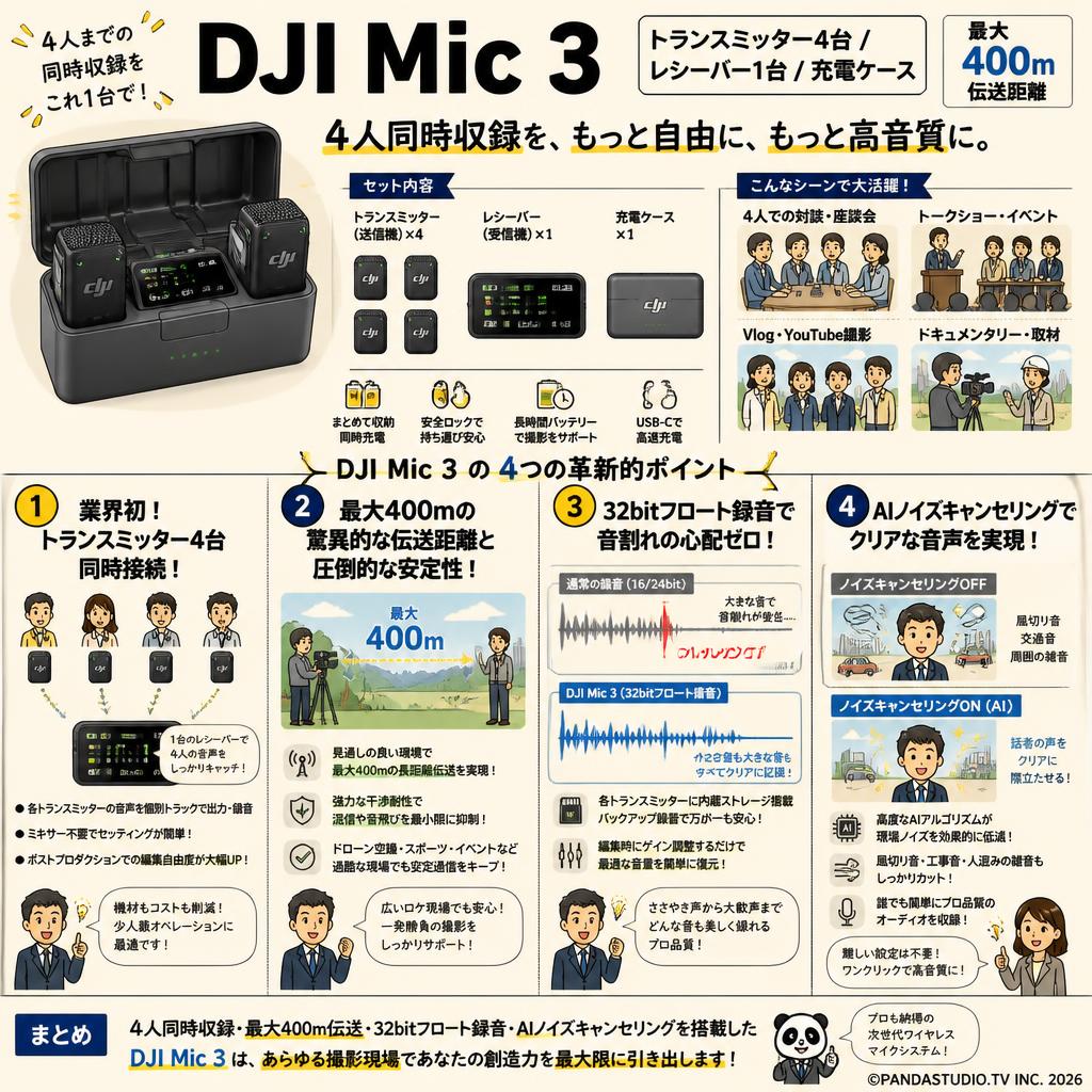 DJI Mic 3（トランスミッター4台 /  レシーバー1台 / 充電ケース）【400伝送距離 】 概要