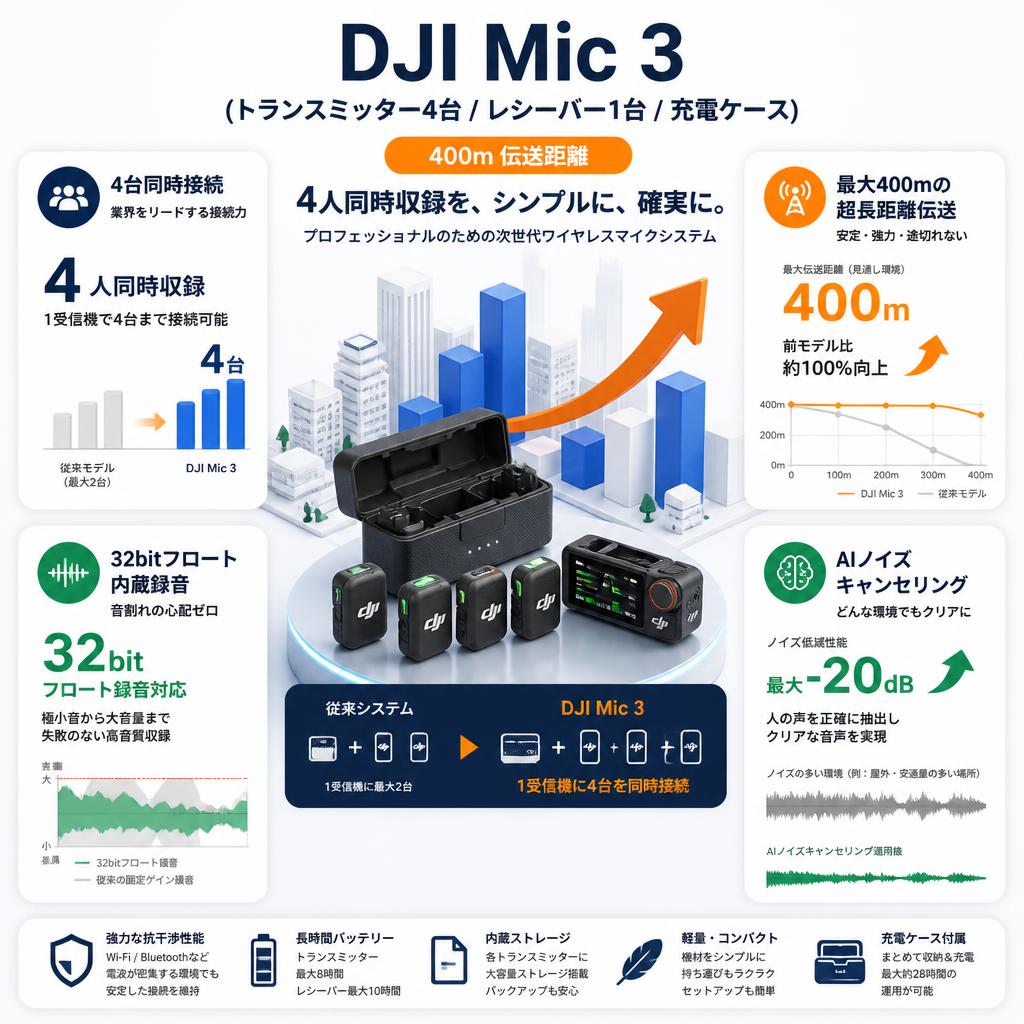 DJI Mic 3（トランスミッター4台 /  レシーバー1台 / 充電ケース）【400伝送距離 】 セールスポイント