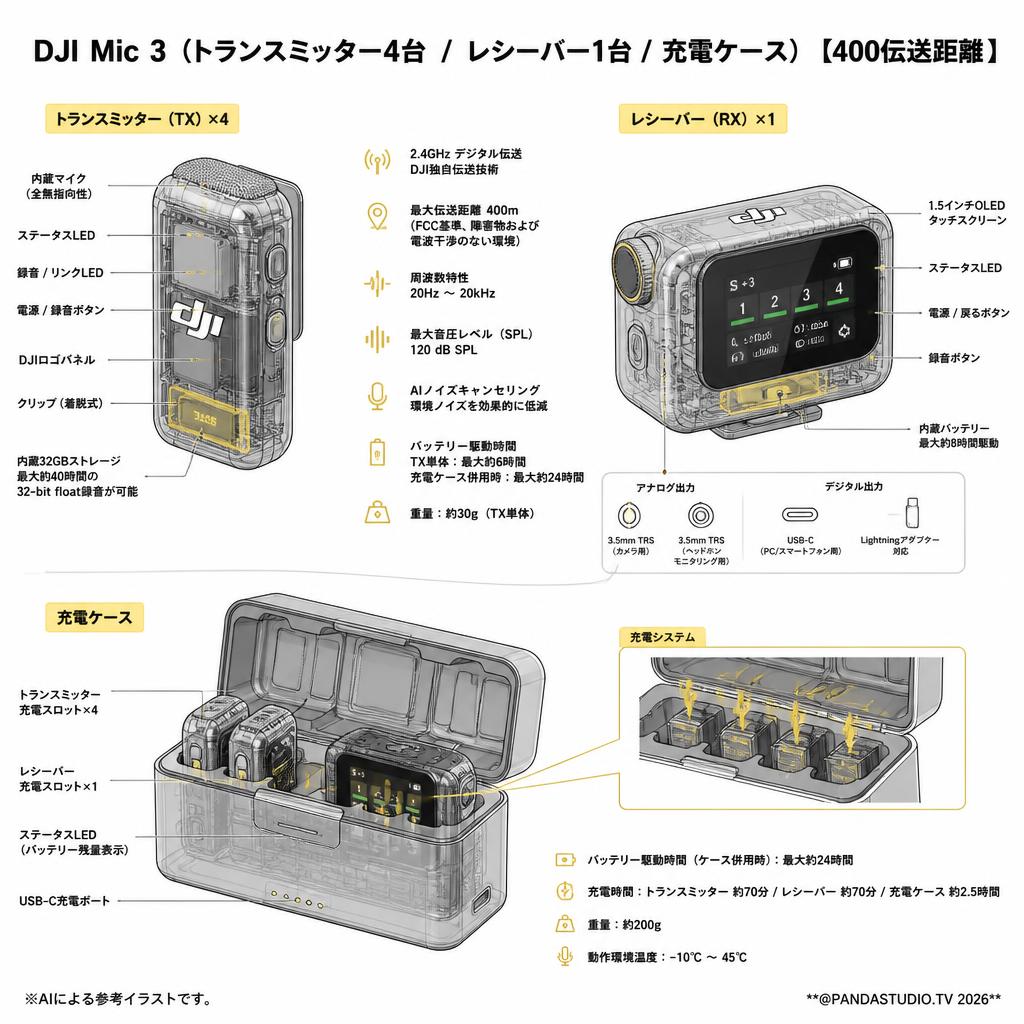 DJI Mic 3（トランスミッター4台 /  レシーバー1台 / 充電ケース）【400伝送距離 】 スペック