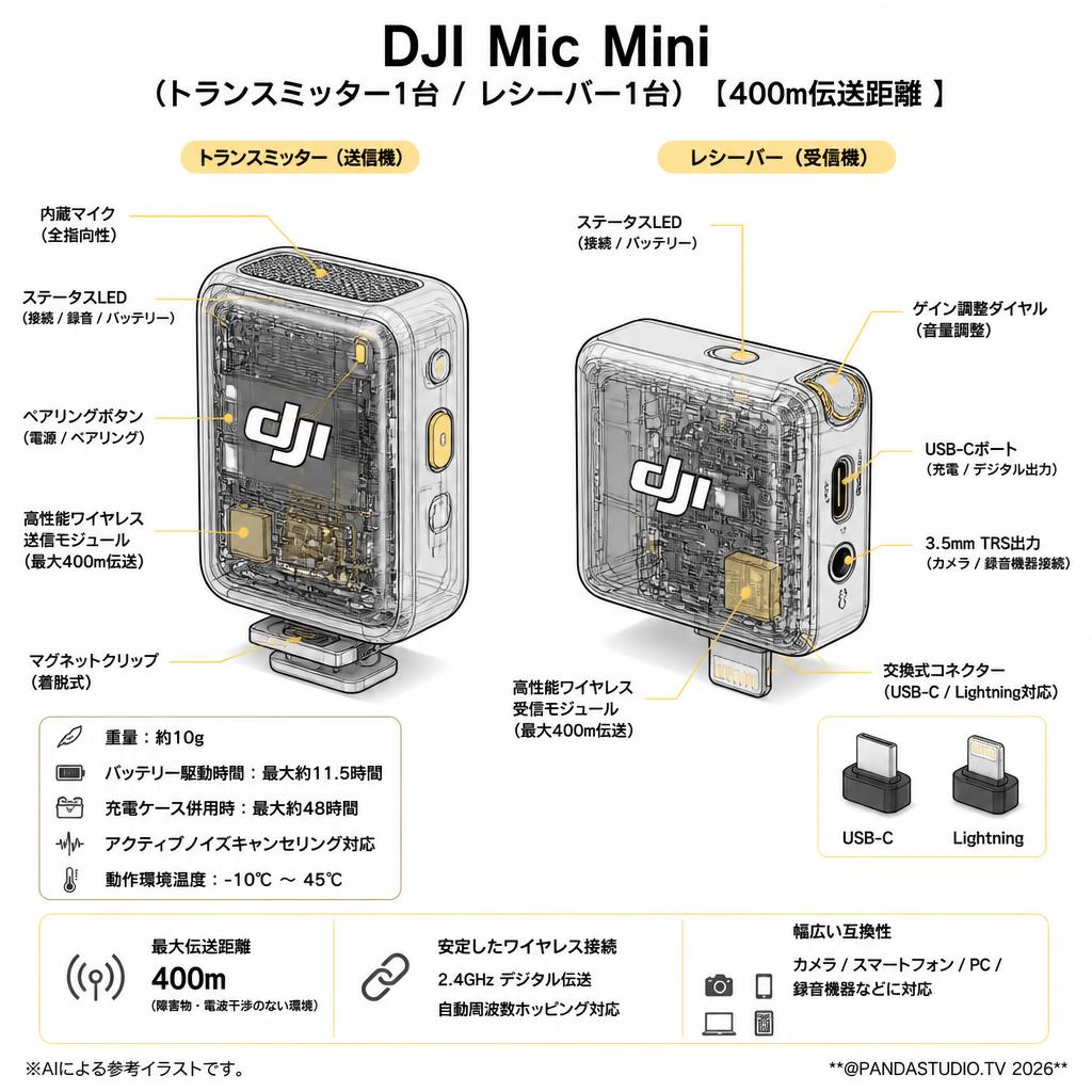 DJI Mic Mini（（トランスミッター1台 / レシーバー1台 ）【400m伝送距離 】 スペック