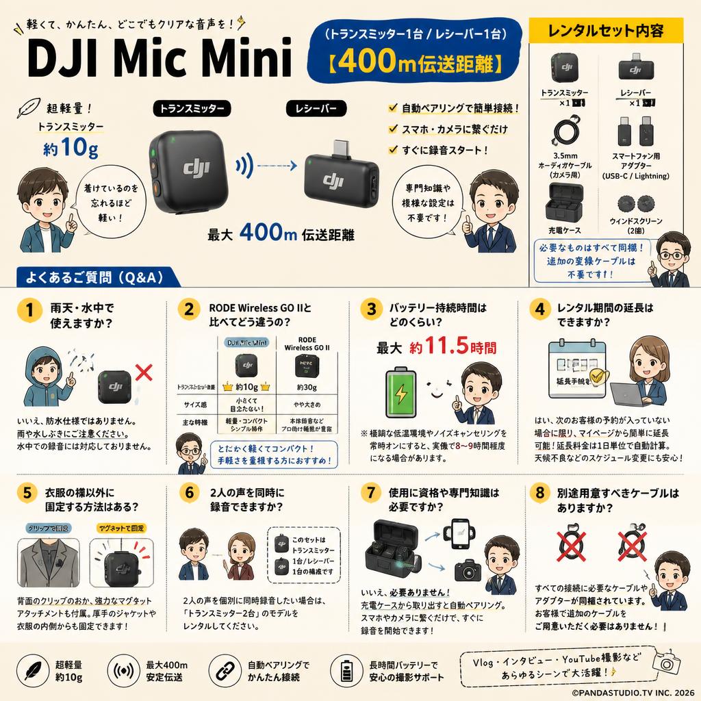 DJI Mic Mini（（トランスミッター1台 / レシーバー1台 ）【400m伝送距離 】 FAQ（よくある質問と答え）