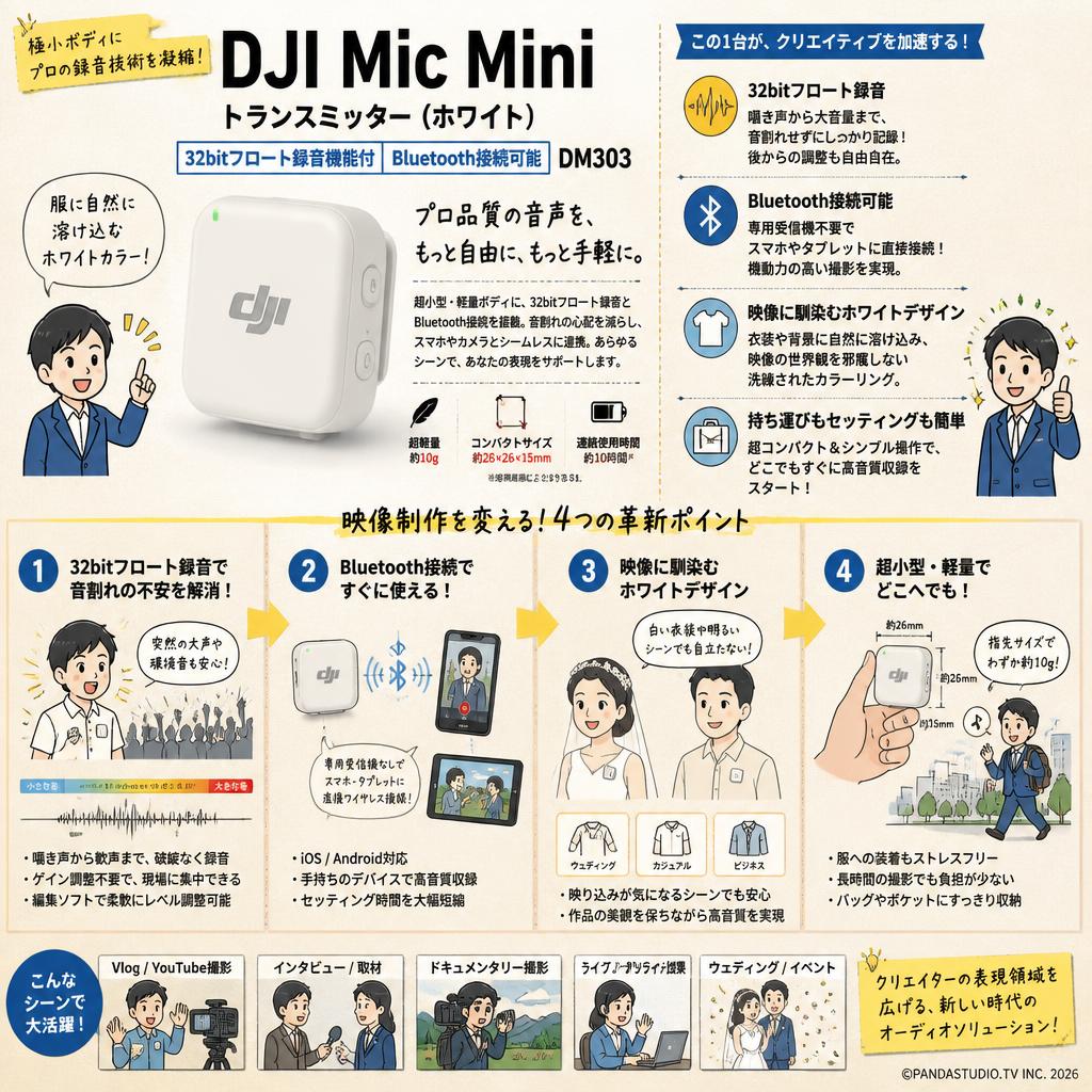 DJI Mic Mini トランスミッター （ ホワイト） 32bitフロート録音機能付 Bluetooth接続可能 DM303 概要