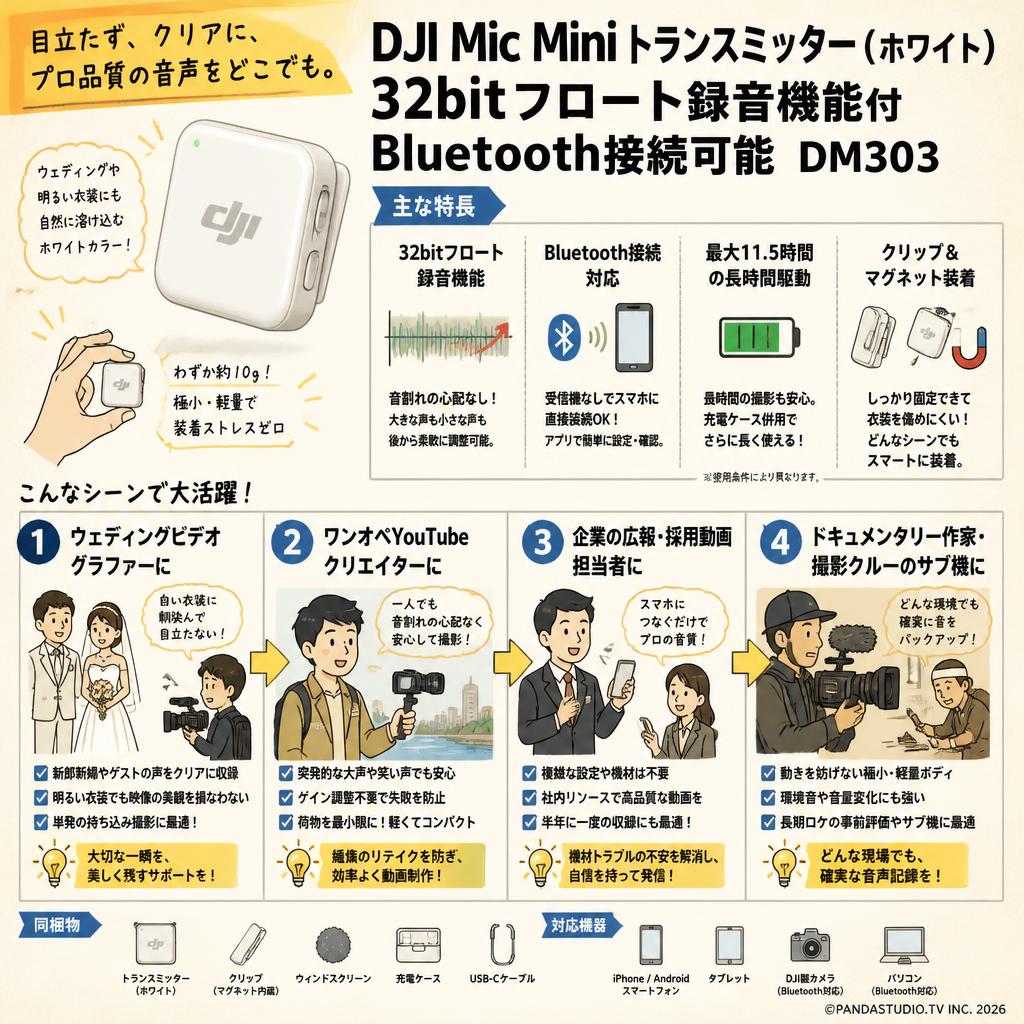 DJI Mic Mini トランスミッター （ ホワイト） 32bitフロート録音機能付 Bluetooth接続可能 DM303 おもな対象のお客様