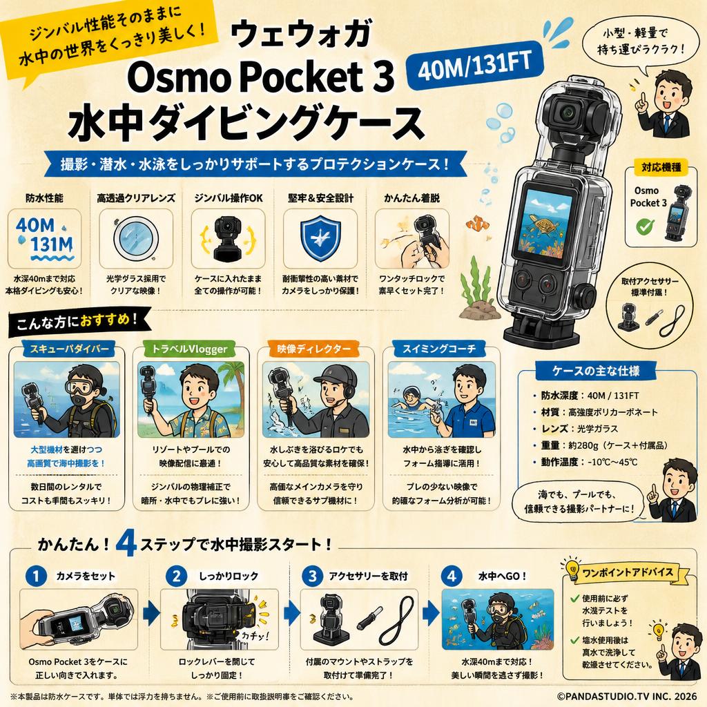 ウェウォガ Osmo Pocket 3 40M/131FT 水中 ダイビング ケース 撮影 潜水 水泳 保護ケース おもな対象のお客様