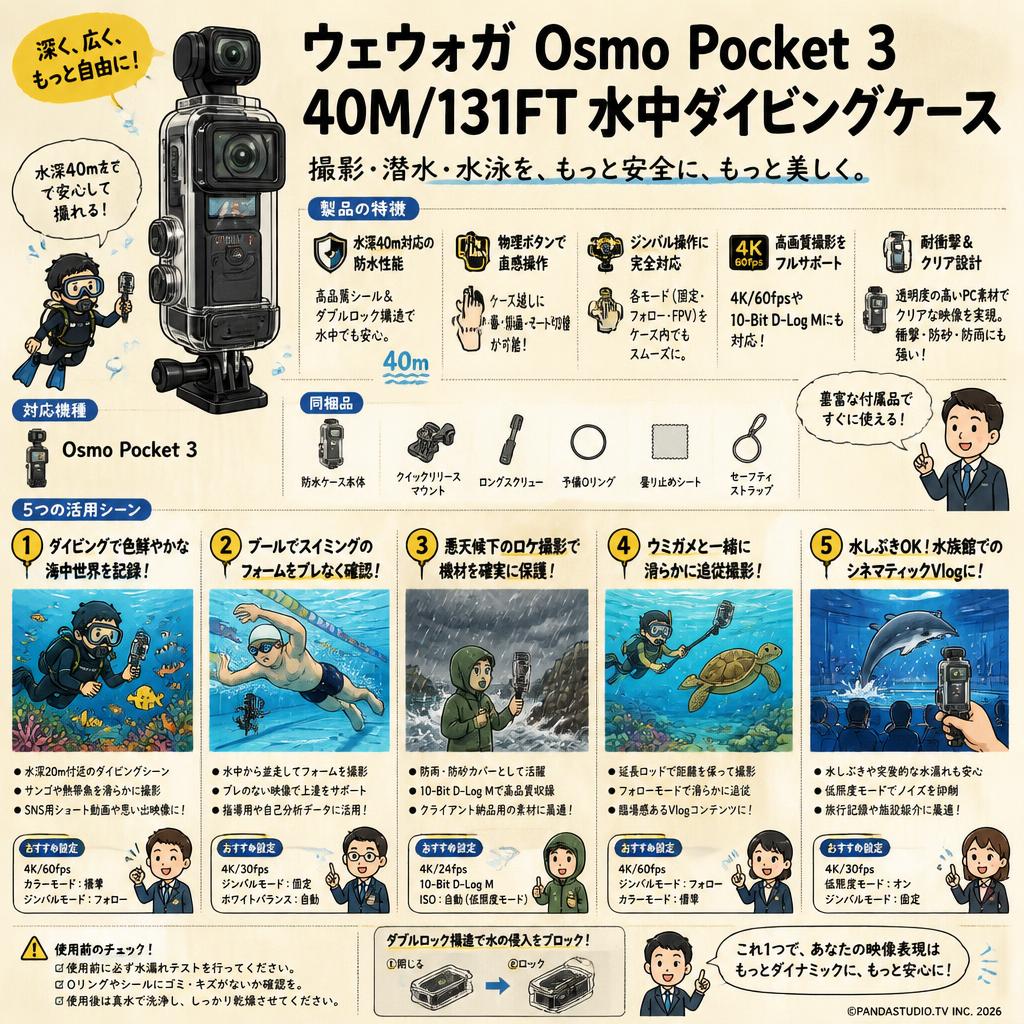 ウェウォガ Osmo Pocket 3 40M/131FT 水中 ダイビング ケース 撮影 潜水 水泳 保護ケース 用途