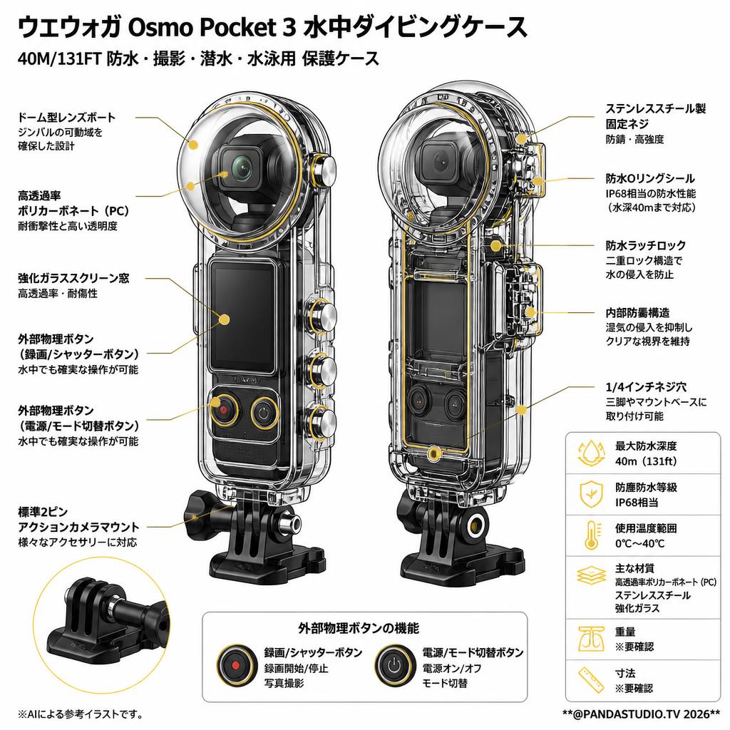 ウェウォガ Osmo Pocket 3 40M/131FT 水中 ダイビング ケース 撮影 潜水 水泳 保護ケース スペック