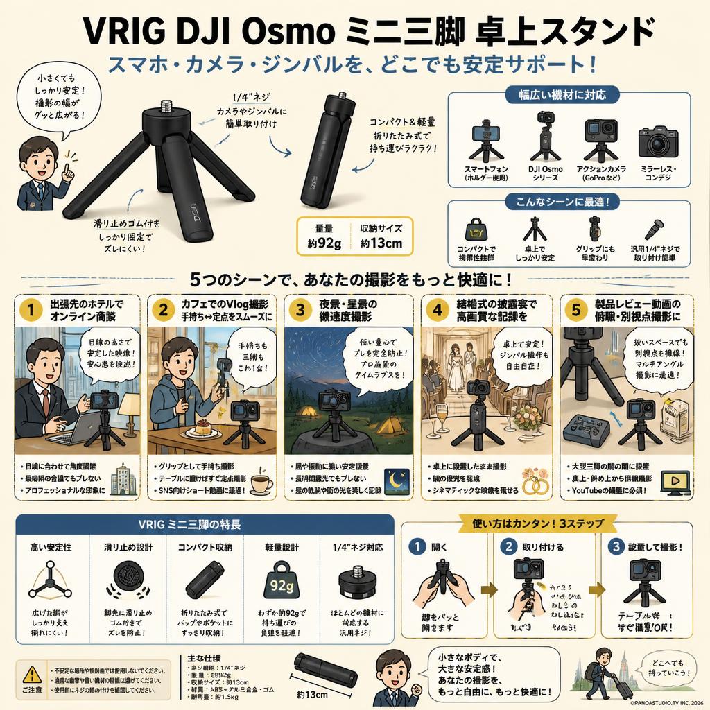 VRIG DJI Osmo ミニ三脚 卓上 スタンド 1/4”ネジ スマホ カメラ ジンバル スタンド 用途