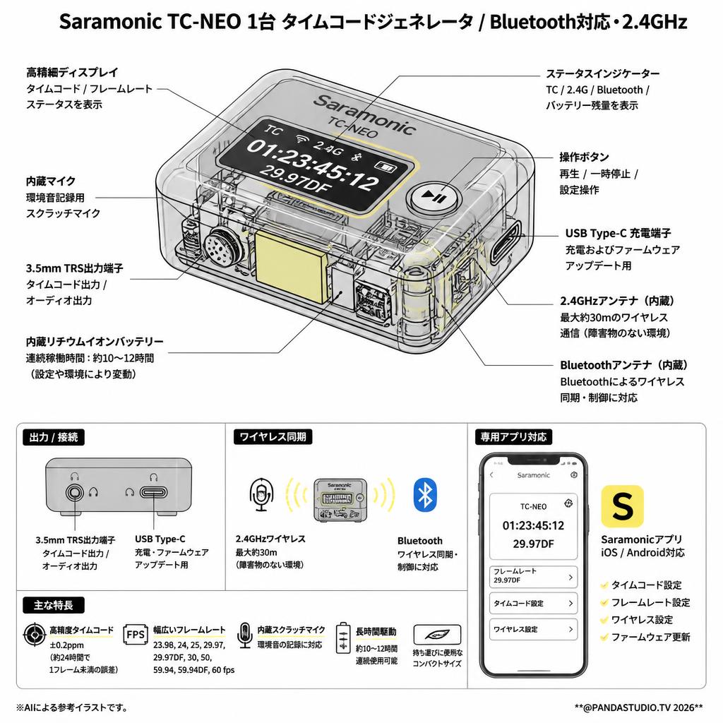 Saramonic TC-NEO 1台 タイムコードジェネレータ / Bluetooth対応・2.4GHz スペック