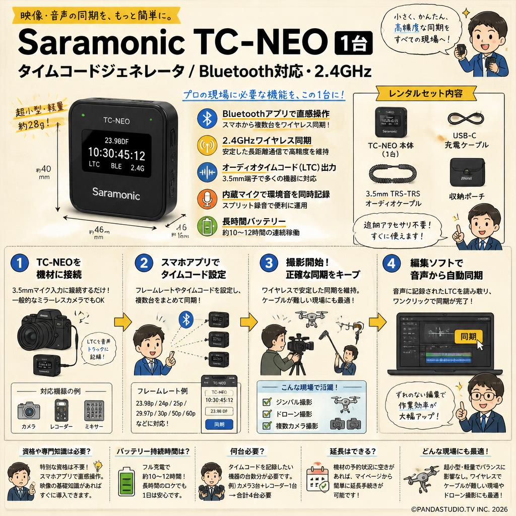 Saramonic TC-NEO 1台 タイムコードジェネレータ / Bluetooth対応・2.4GHz FAQ（よくある質問と答え）