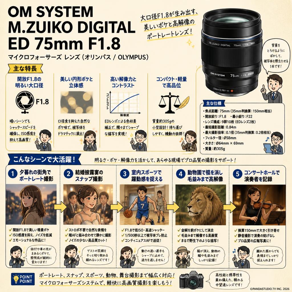 OM SYSTEM M.ZUIKO DIGITAL ED 75mm F1.8 マイクロフォーサーズ レンズ（オリンパス / OLYMPUS) 用途