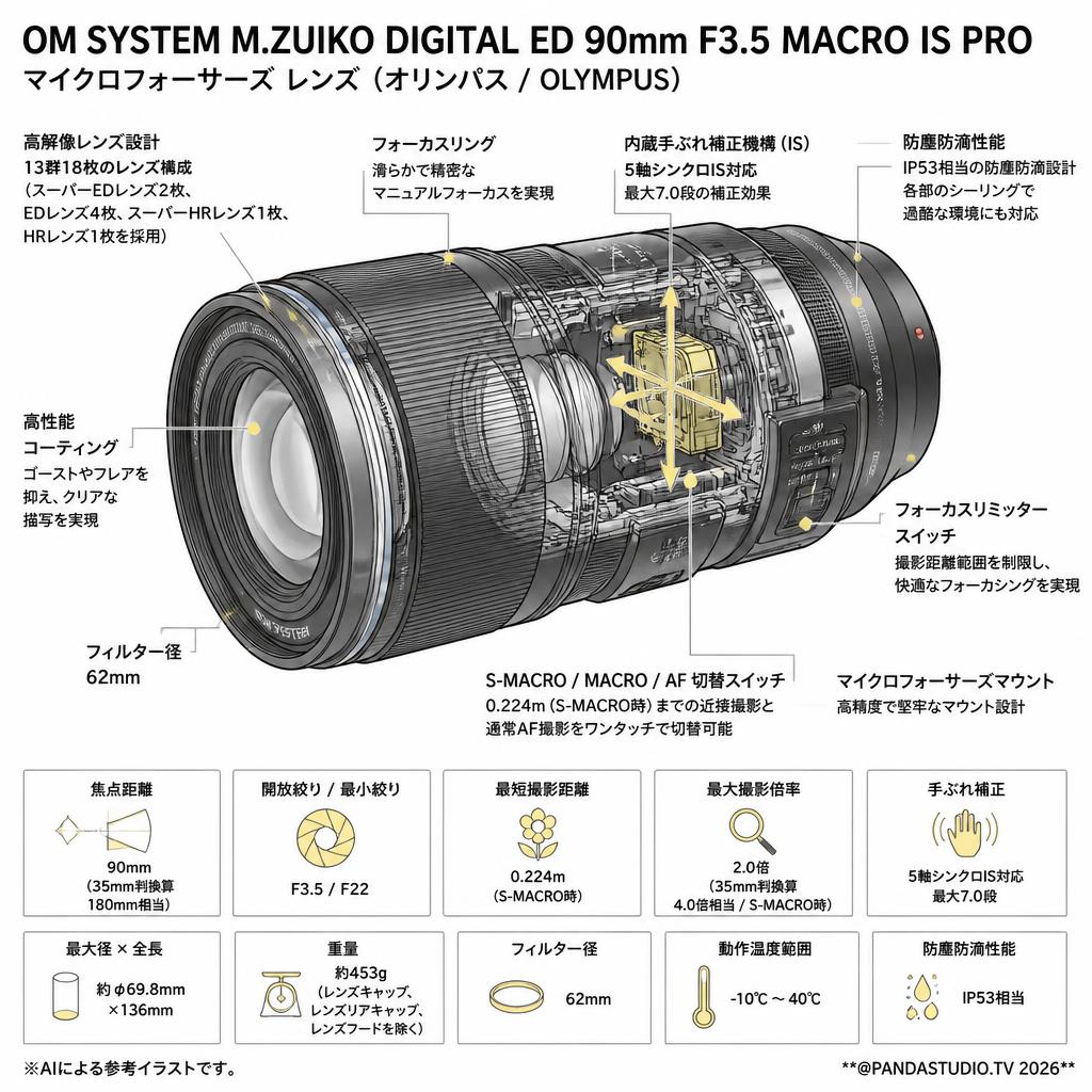 OM SYSTEM M.ZUIKO DIGITAL ED 90mm F3.5 MACRO IS PRO マイクロフォーサーズ レンズ（オリンパス / OLYMPUS) スペック
