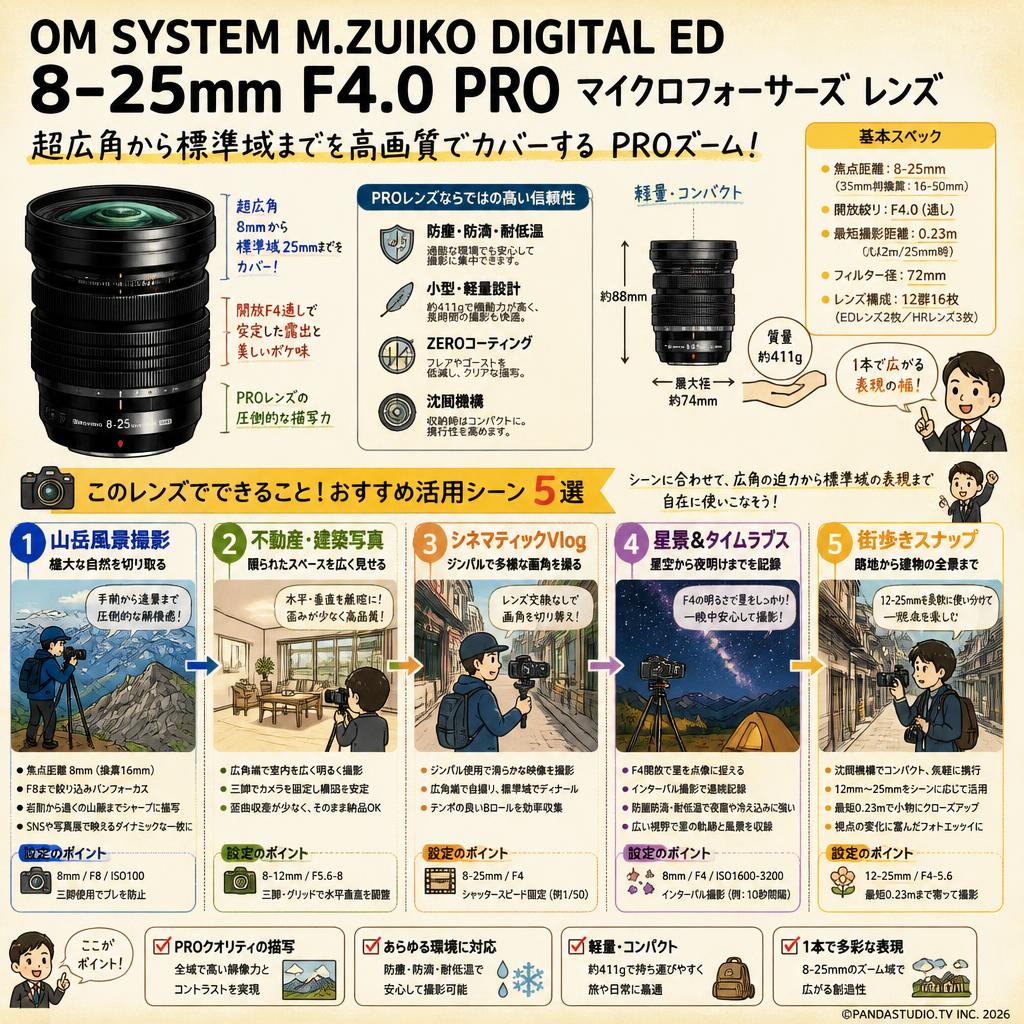 OM SYSTEM M.ZUIKO DIGITAL ED 8-25mm F4.0 PRO マイクロフォーサーズ レンズ（オリンパス / OLYMPUS) 用途