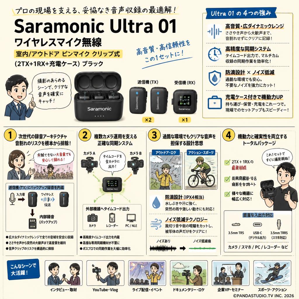 Saramonic Ultra 01 ワイヤレスマイク無線 室内/アウトドア ピンマイク クリップ式 (2TX+1RX+充電ケース) ブラック 概要