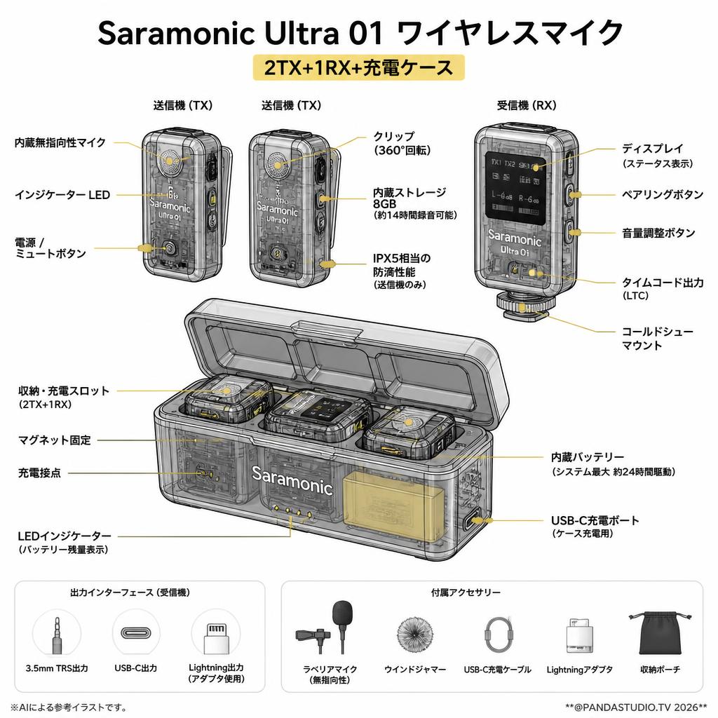Saramonic Ultra 01 ワイヤレスマイク無線 室内/アウトドア ピンマイク クリップ式 (2TX+1RX+充電ケース) ブラック スペック
