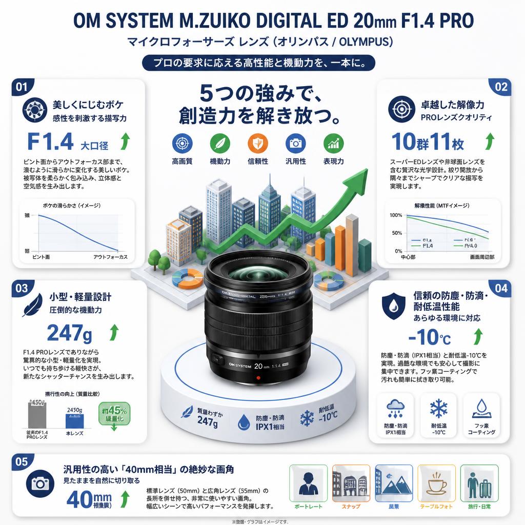 OM SYSTEM M.ZUIKO DIGITAL ED 20mm F1.4 PRO マイクロフォーサーズ レンズ（オリンパス / OLYMPUS) セールスポイント