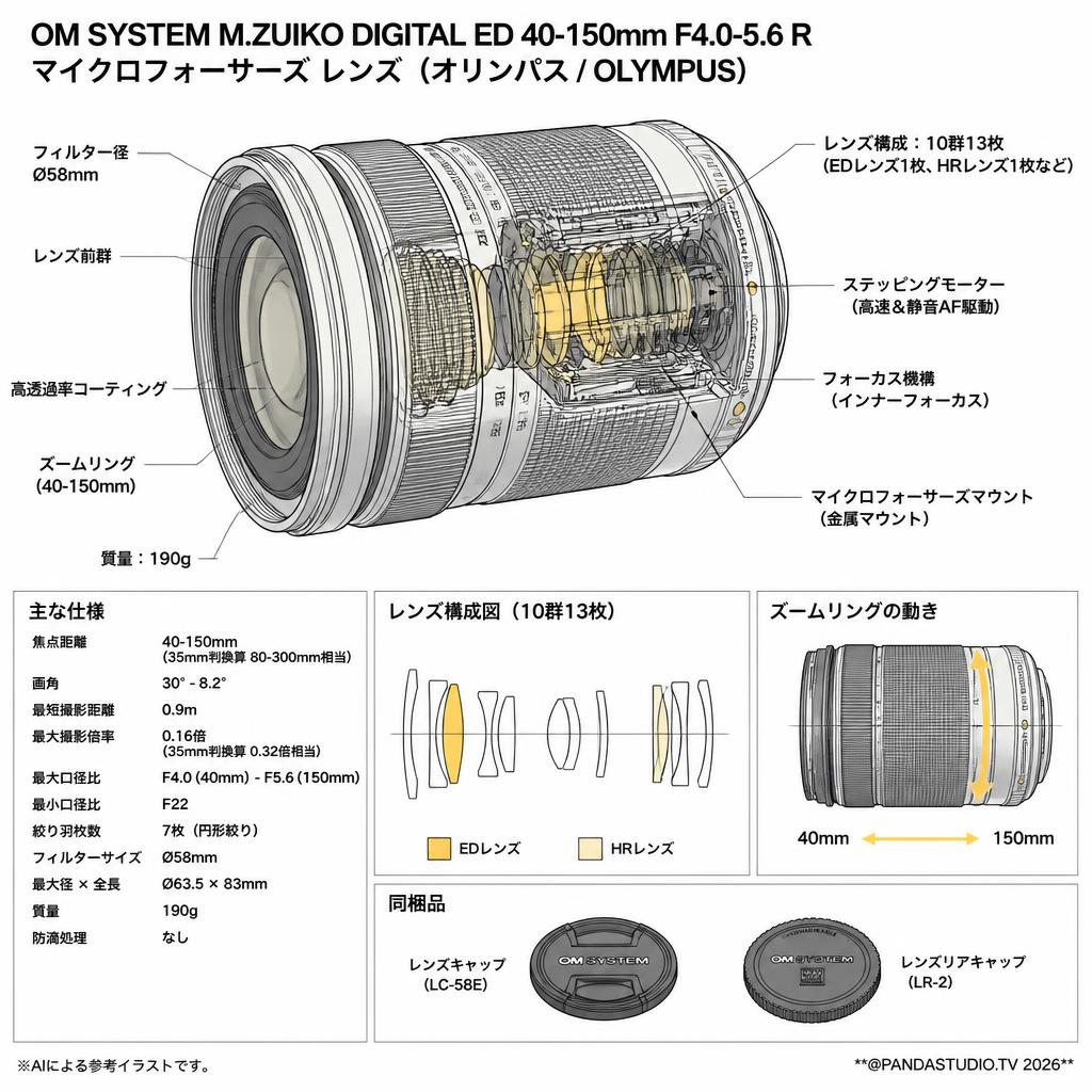 OM SYSTEM M.ZUIKO DIGITAL ED 40-150mm F4.0-5.6 R マイクロフォーサーズ レンズ（オリンパス / OLYMPUS) スペック