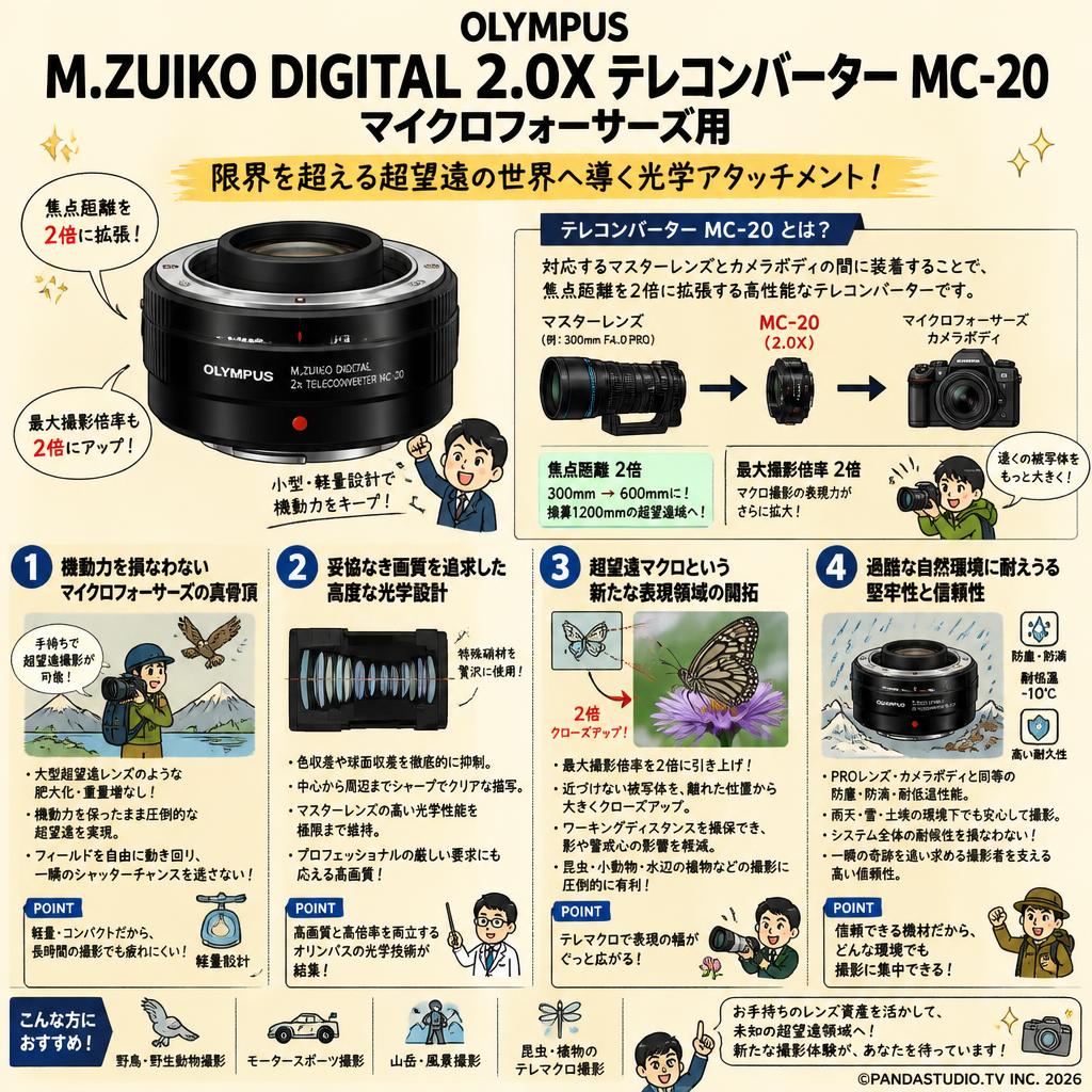 OLYMPUS M.ZUIKO DIGITAL 2.0X テレコンバーター MC-20 マイクロフォーサーズ用 概要