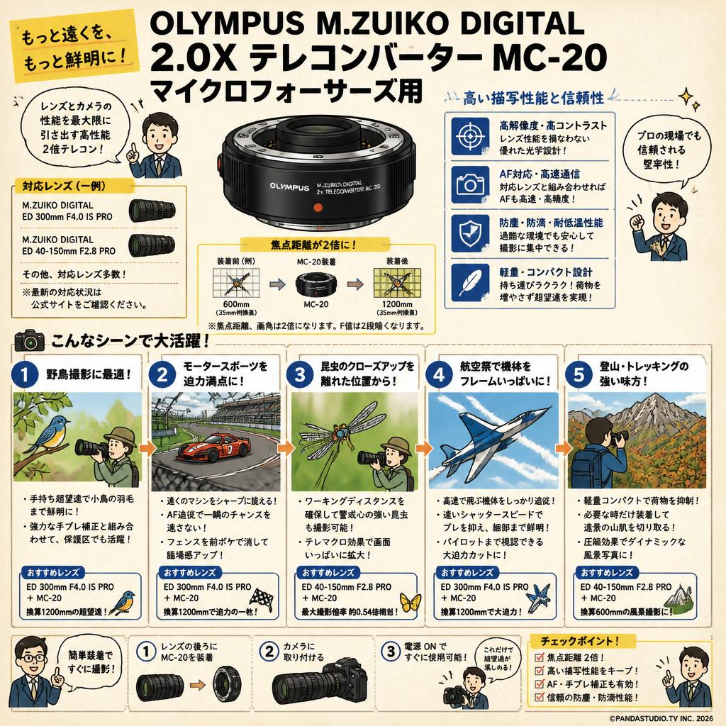 OLYMPUS M.ZUIKO DIGITAL 2.0X テレコンバーター MC-20 マイクロフォーサーズ用 用途