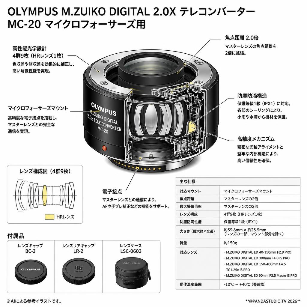 OLYMPUS M.ZUIKO DIGITAL 2.0X テレコンバーター MC-20 マイクロフォーサーズ用 スペック
