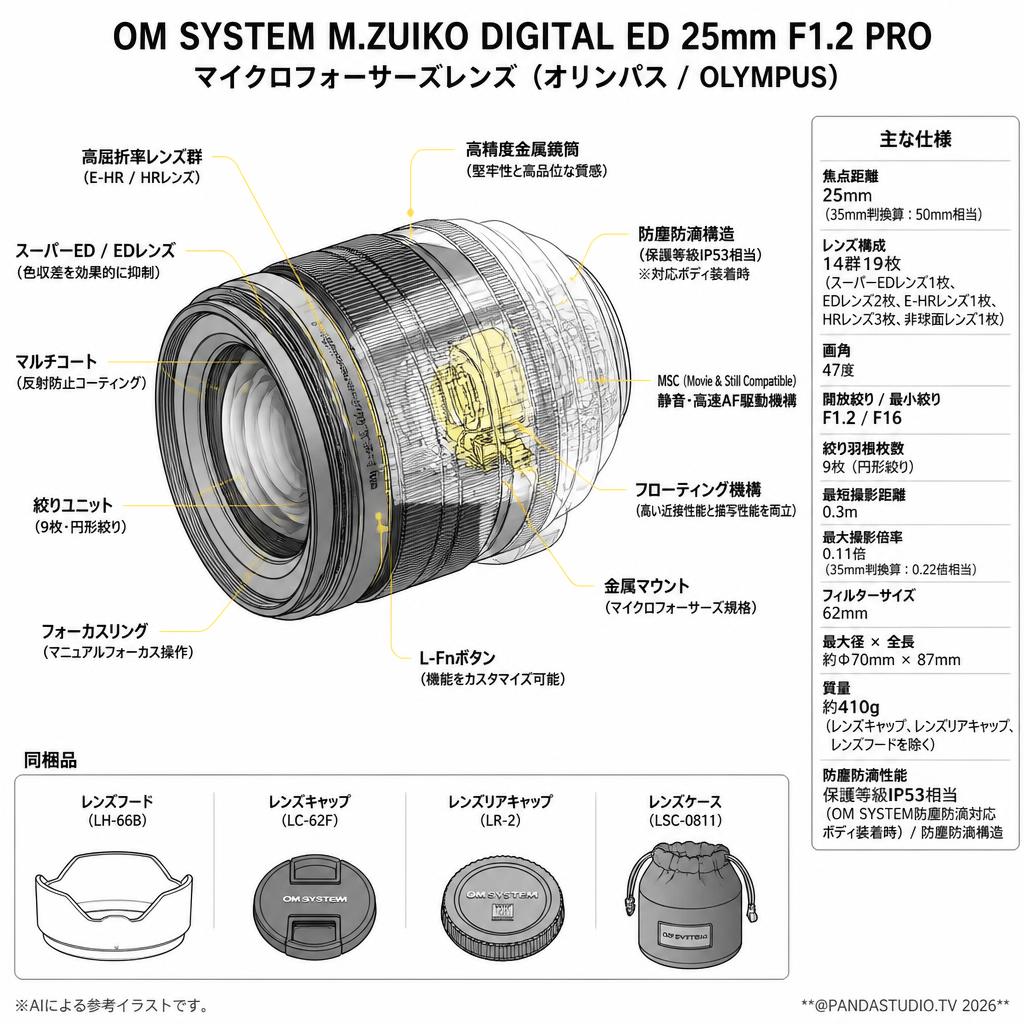 OM SYSTEM M.ZUIKO DIGITAL ED 25mm F1.2 PRO マイクロフォーサーズ レンズ（オリンパス / OLYMPUS) スペック