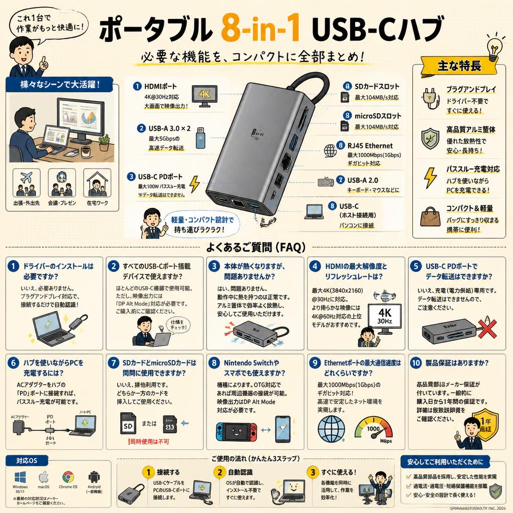 Portable 8-in-1 USB-C Hub FAQ（よくある質問と答え）