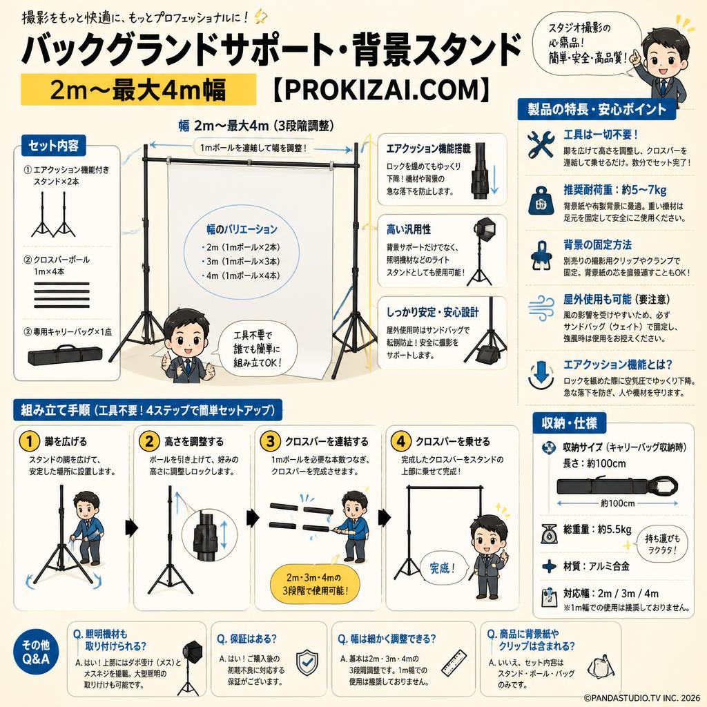 バックグランドサポート・背景スタンド(2m~最大4m幅)【PROKIZAI.COM】 FAQ（よくある質問と答え）