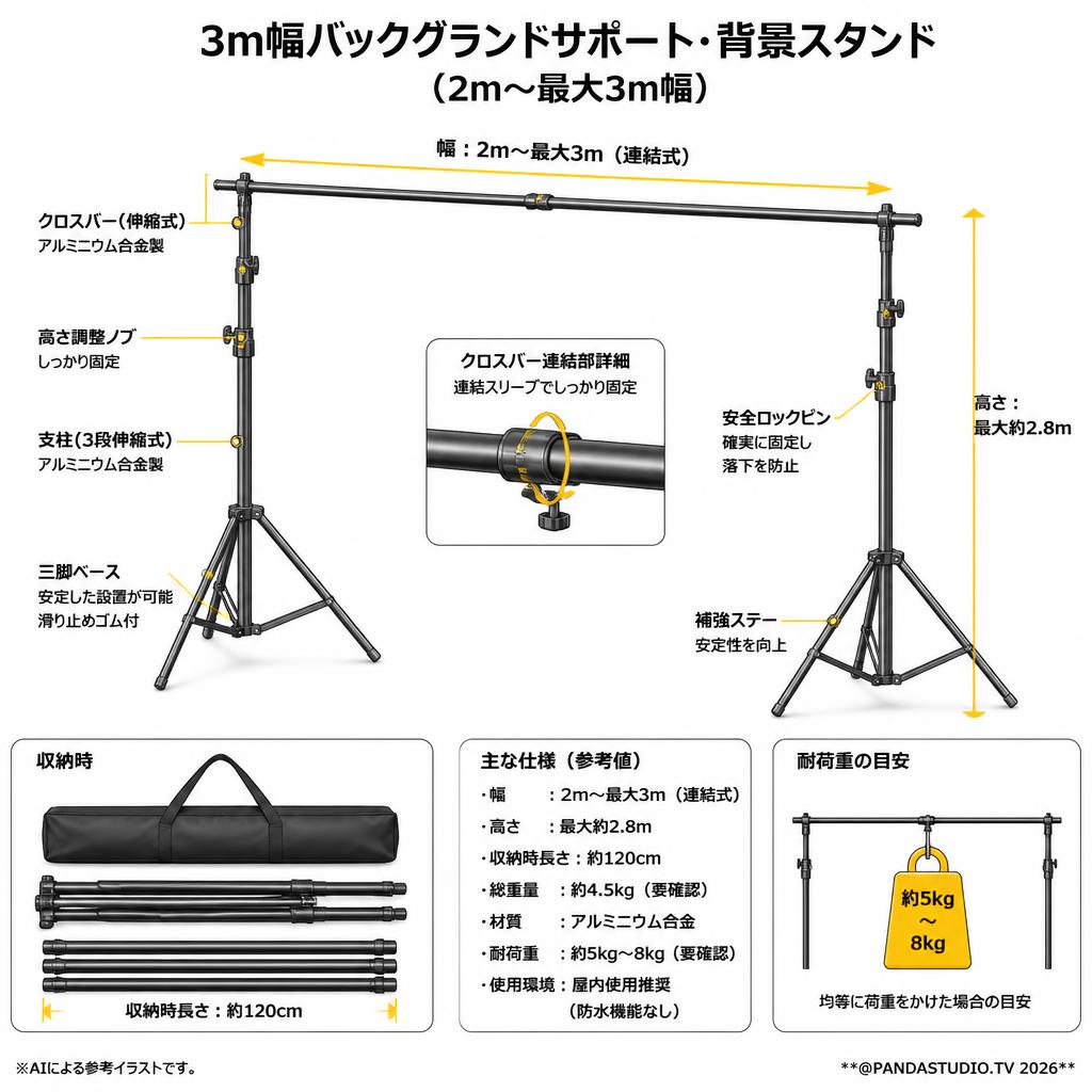 3m幅バックグランドサポート・背景スタンド（2m~最大3m幅）【PROKIZAI.COM】 スペック