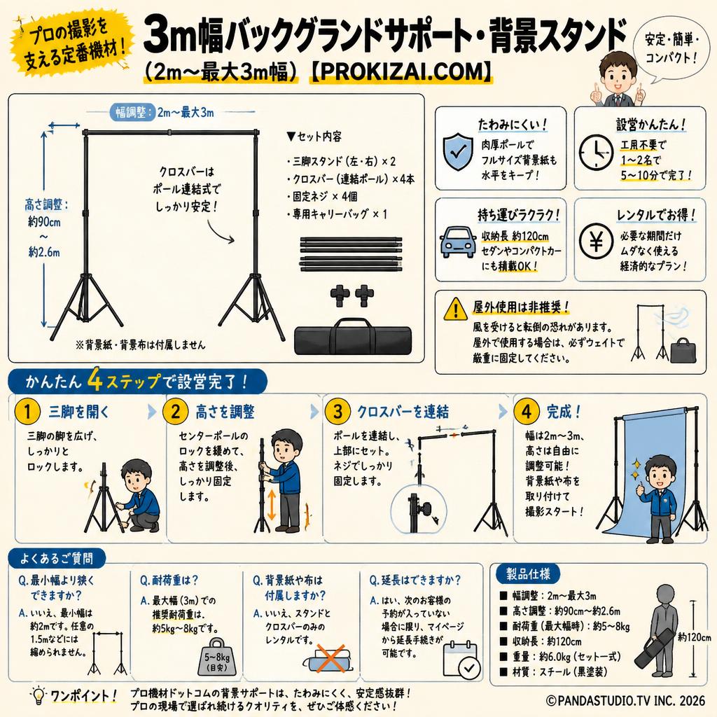 3m幅バックグランドサポート・背景スタンド（2m~最大3m幅）【PROKIZAI.COM】 FAQ（よくある質問と答え）