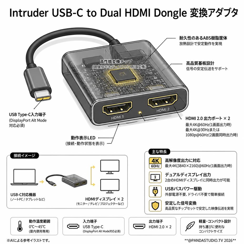 Intruder USB-C to Dual HDMI Dongle 変換アダブタ スペック