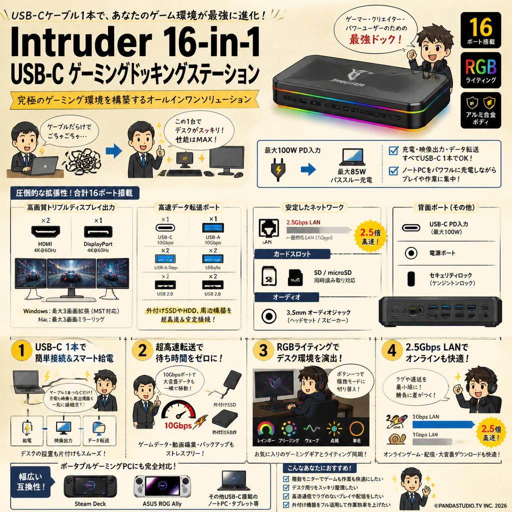 Intruder 16-in-1 USB-C Gaming Docking Station  ゲーミングモデルハブ 概要