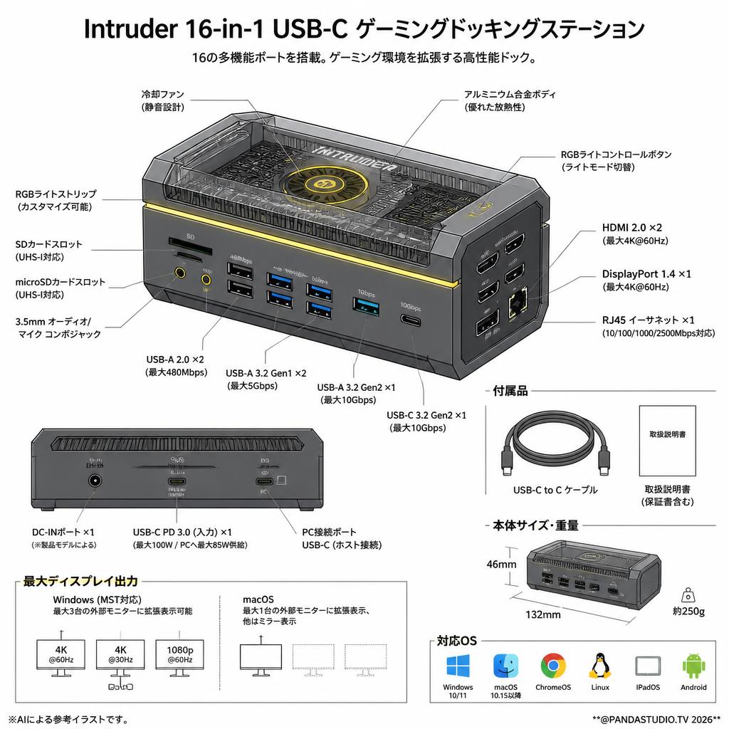 Intruder 16-in-1 USB-C Gaming Docking Station  ゲーミングモデルハブ スペック