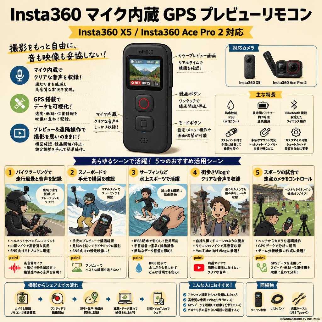 Insta360 マイク内蔵 GPS プレビューリモコン Insta360 X5 Insta360 Ace Pro 2 対応 用途