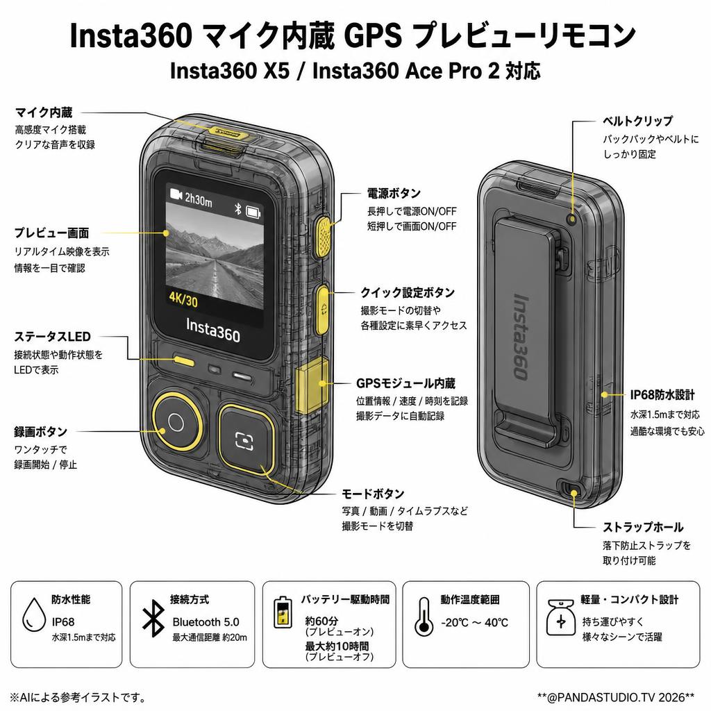 Insta360 マイク内蔵 GPS プレビューリモコン Insta360 X5 Insta360 Ace Pro 2 対応 スペック
