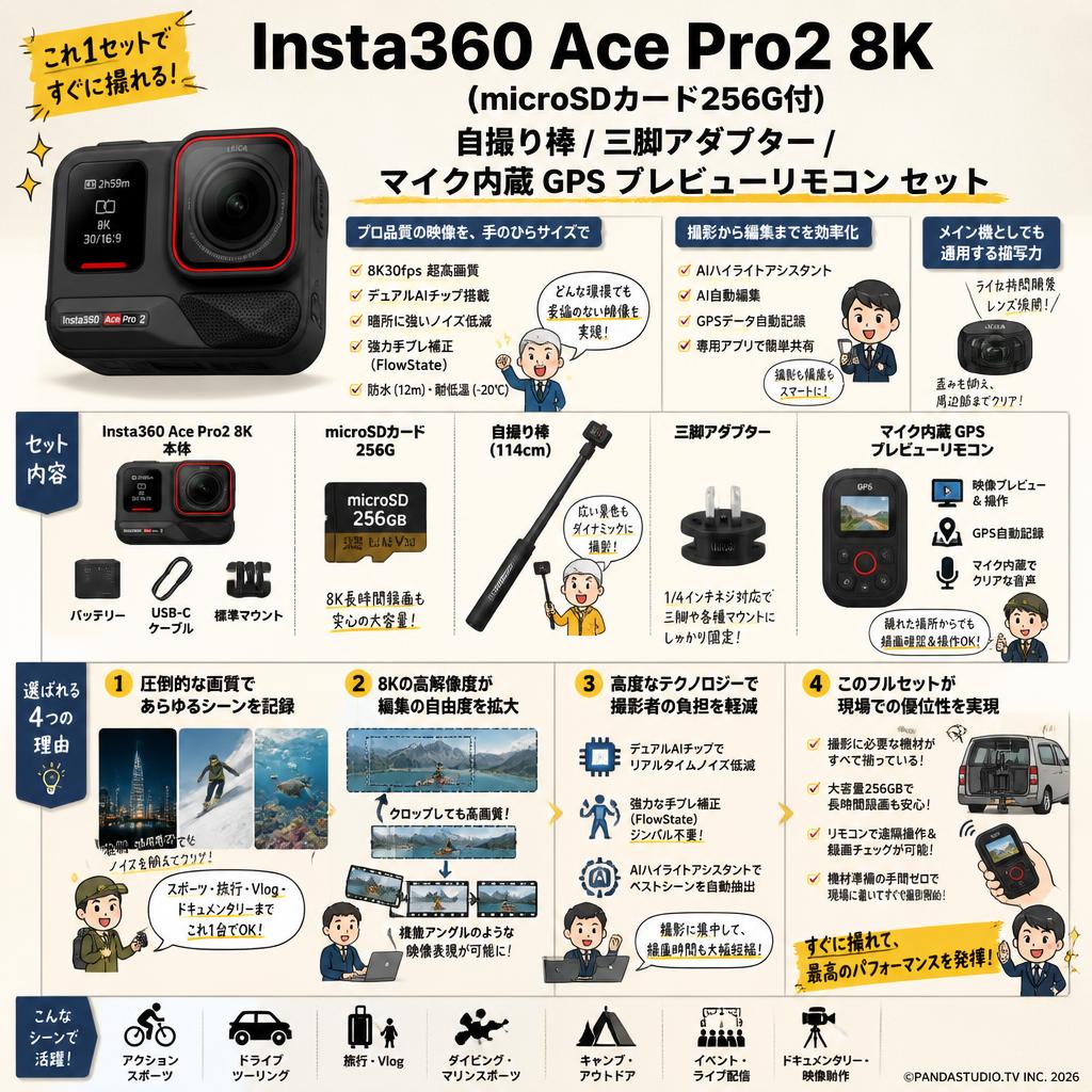 Insta360 Ace Pro2 8K（microSDカード256G付） / 自撮り棒 / 三脚アダプター / マイク内蔵 GPS プレビューリモコン セット 概要