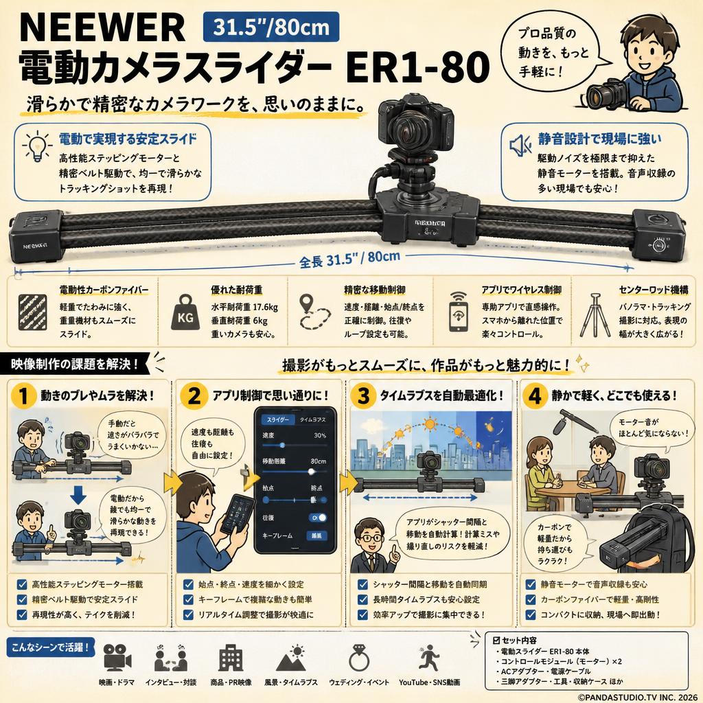 NEEWER 31.5"/80cm 電動カメラスライダー ER1-80 概要