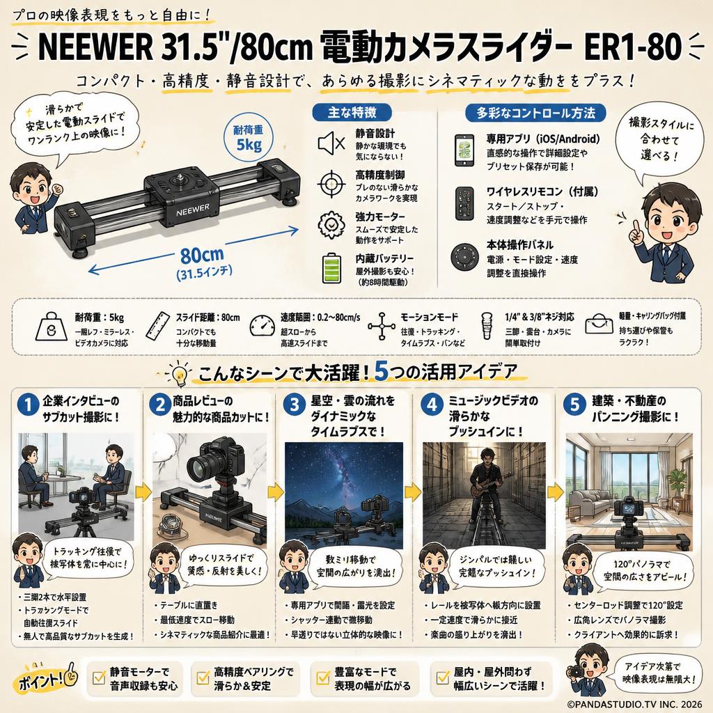 NEEWER 31.5"/80cm 電動カメラスライダー ER1-80 用途