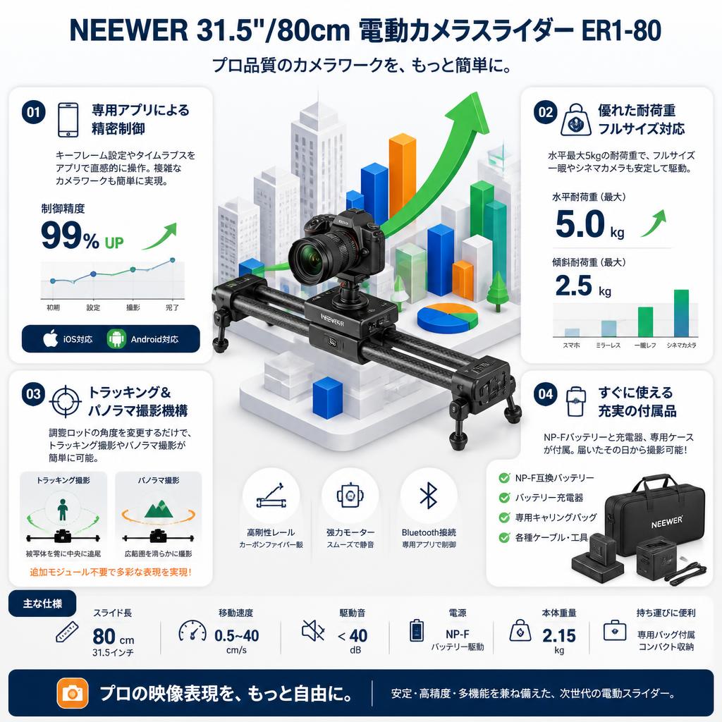 NEEWER 31.5"/80cm 電動カメラスライダー ER1-80 セールスポイント