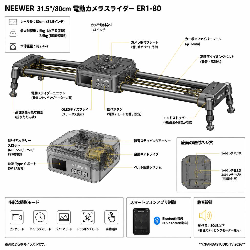 NEEWER 31.5"/80cm 電動カメラスライダー ER1-80 スペック