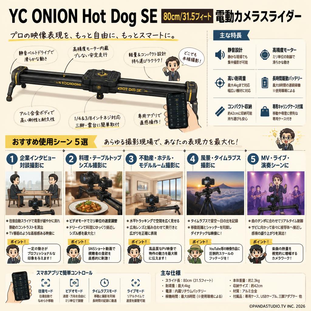 YC ONION Hot Dog SE 80cm/31.5フィート 電動カメラスライダー 用途