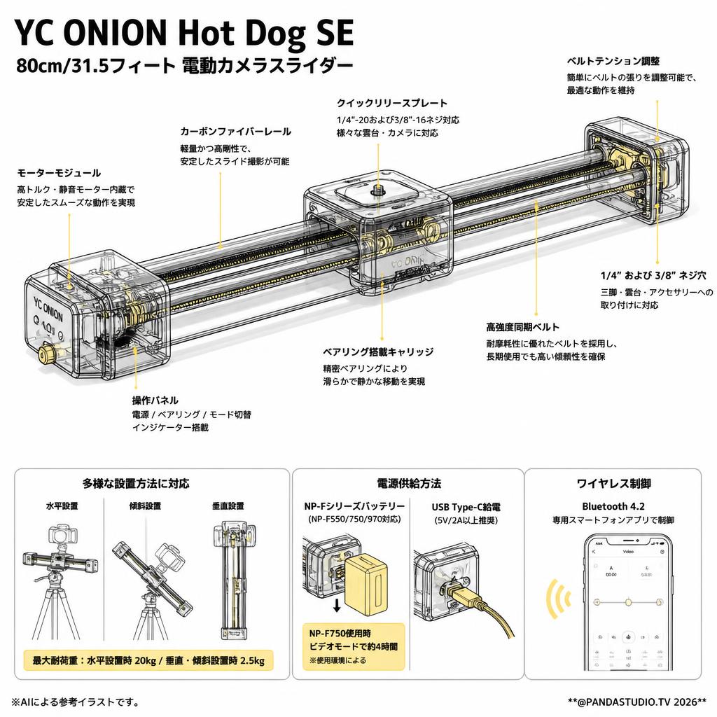 YC ONION Hot Dog SE 80cm/31.5フィート 電動カメラスライダー スペック