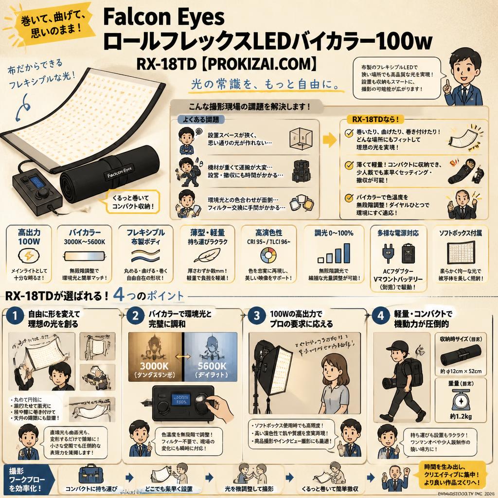 Falcon Eyes ロールフレックスLEDバイカラー100w RX-18TD【PROKIZAI.COM】 概要