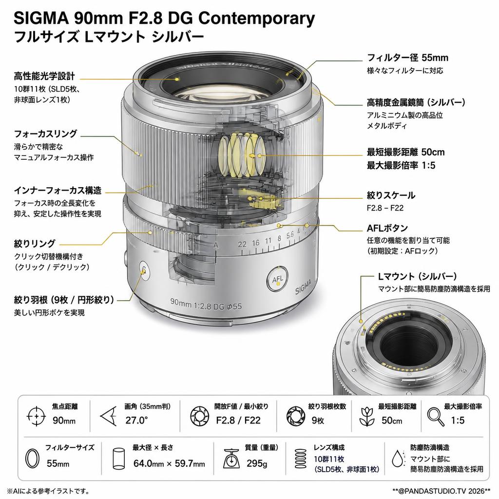 SIGMA 90mm F2.8 DG Contemporary フルサイズ Lマウント シルバー スペック