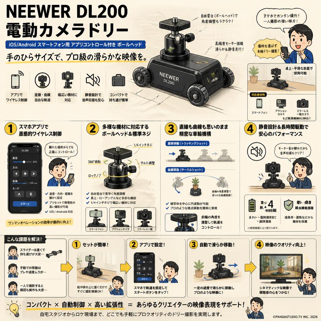 NEEWER DL200 電動カメラドリー iOS/Android スマートフォン用 アプリコントロール付き ボールヘッド 概要