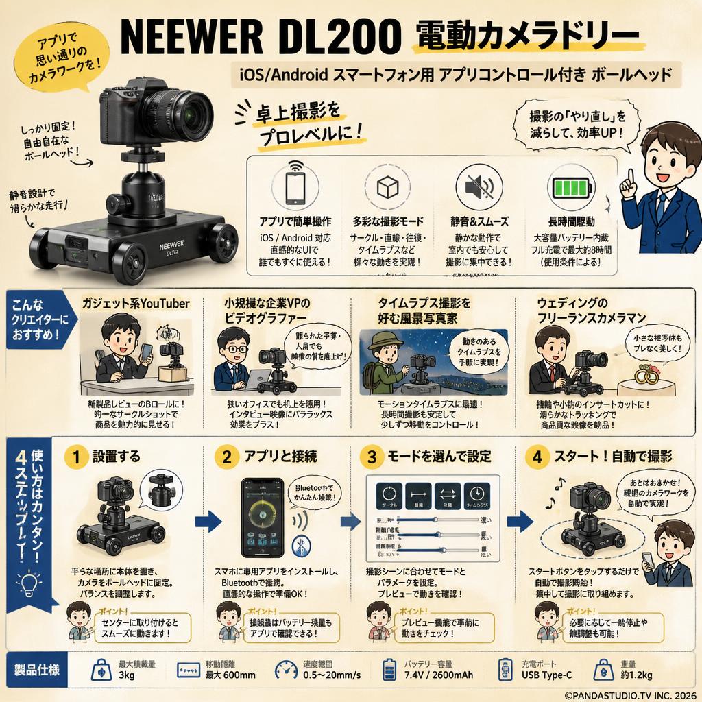 NEEWER DL200 電動カメラドリー iOS/Android スマートフォン用 アプリコントロール付き ボールヘッド おもな対象のお客様