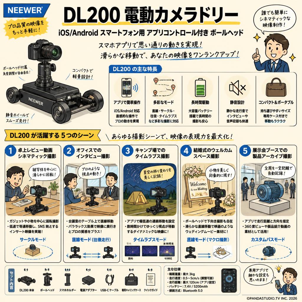 NEEWER DL200 電動カメラドリー iOS/Android スマートフォン用 アプリコントロール付き ボールヘッド 用途
