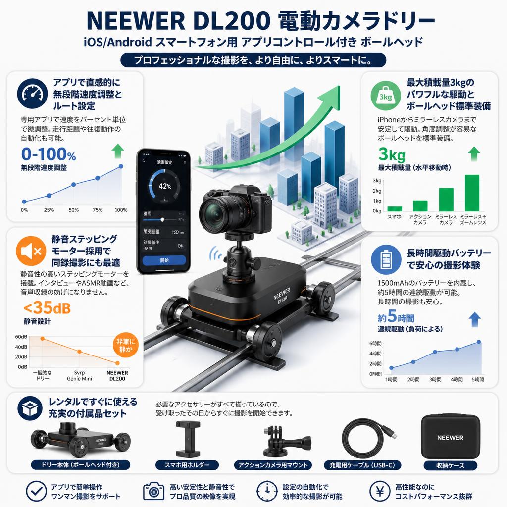 NEEWER DL200 電動カメラドリー iOS/Android スマートフォン用 アプリコントロール付き ボールヘッド セールスポイント