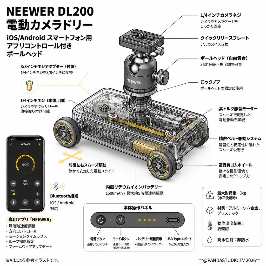 NEEWER DL200 電動カメラドリー iOS/Android スマートフォン用 アプリコントロール付き ボールヘッド スペック