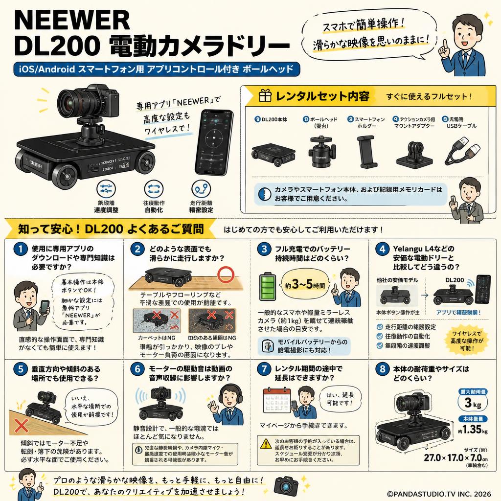 NEEWER DL200 電動カメラドリー iOS/Android スマートフォン用 アプリコントロール付き ボールヘッド FAQ（よくある質問と答え）